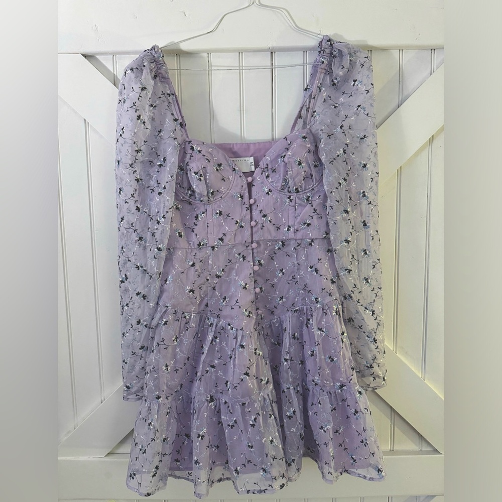 light purple mini dress with sheer sleeves and embroidered detailing